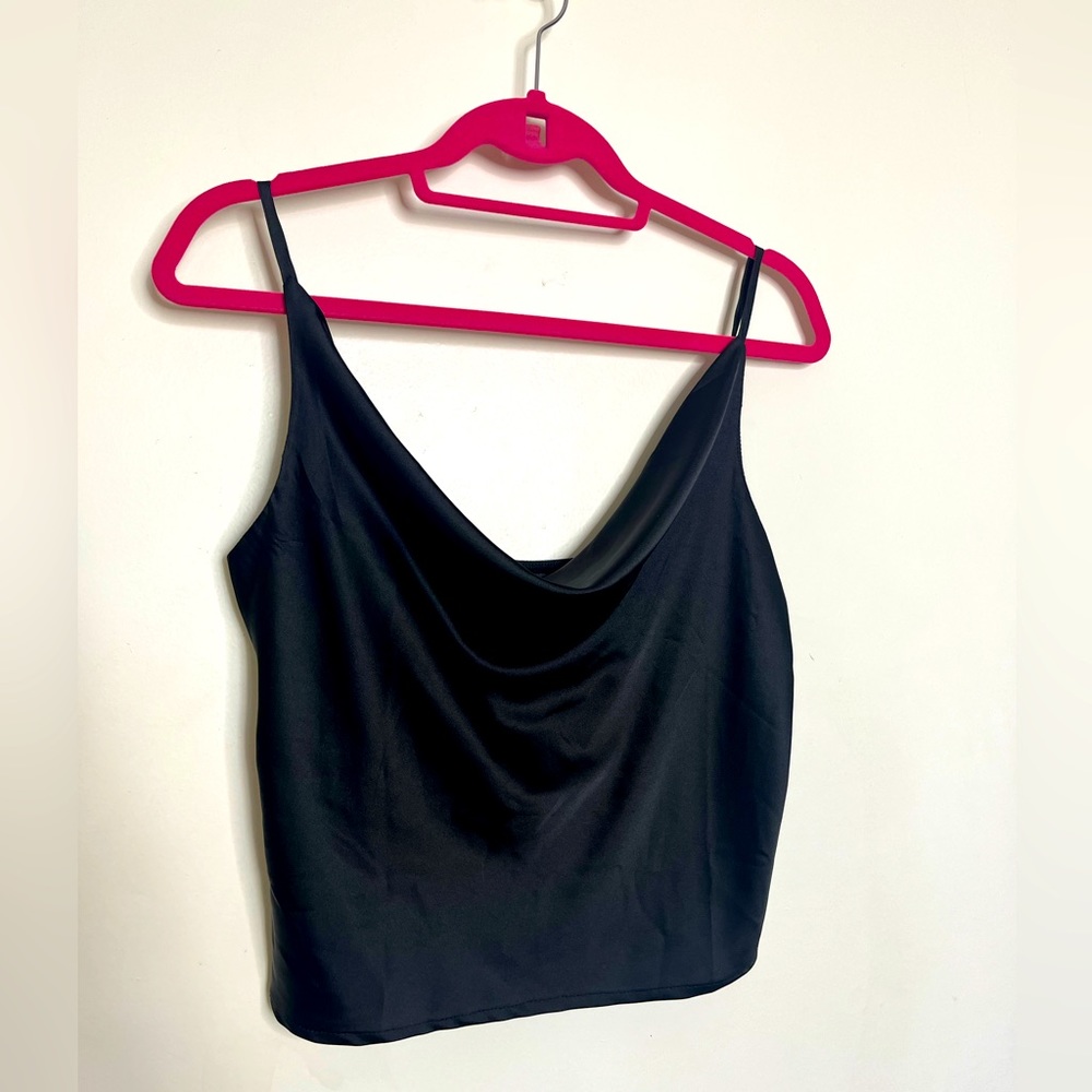 Shein NWOT Sexy Black Satiny Cowl Neck Tank, Size M